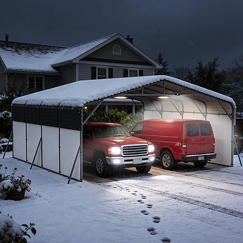 20x20FT Heavy Duty Metal Carport,Outdoor Portable Car Garage w/Led Light,Removable PE Sidewalls,Reinforced Base & Galvanized Steel Roof, Outdoor Car Port Canopy Shelter for Boats,Trucks