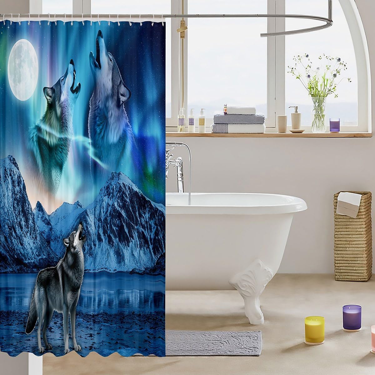 Feelyou Wolf Fabric Shower Curtain Wolves Howling Shower Curtain for Boys Teens Decor Aurora Bathroom Waterproof Accessories with 12 Hooks Moon Wolf Bedroom Mountain Curtains,72x78 Inches