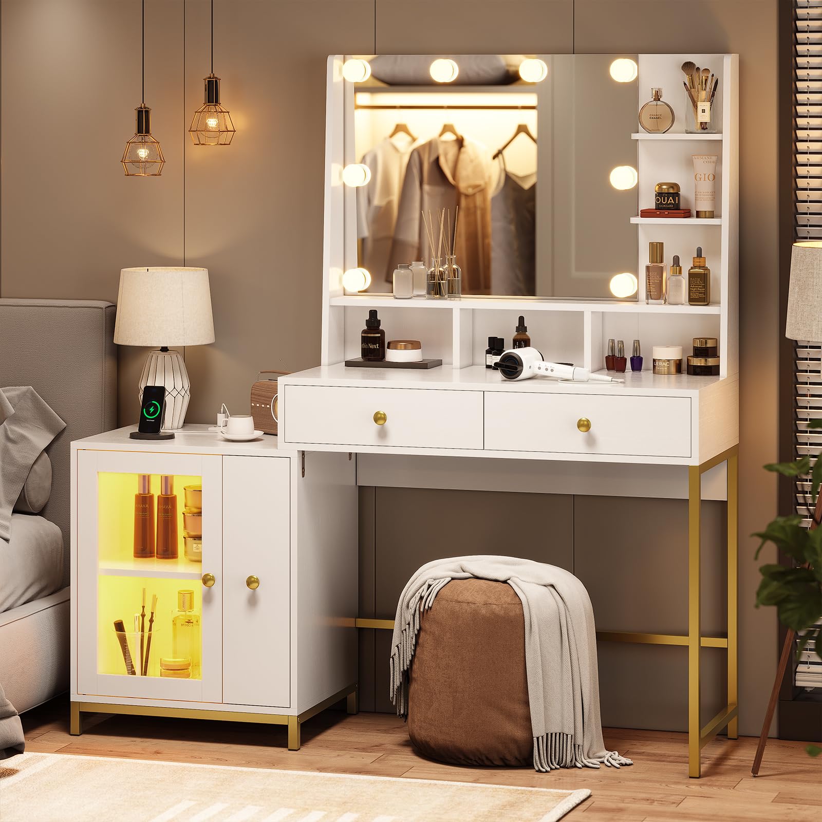 AOGLLATI Makeup Vanity with Lights & Side Drawer and Led Lights, Vanity Desk with Mirror and Lights & Charging Station, White Table with 3 Lighting Modes, and Storage Shelves