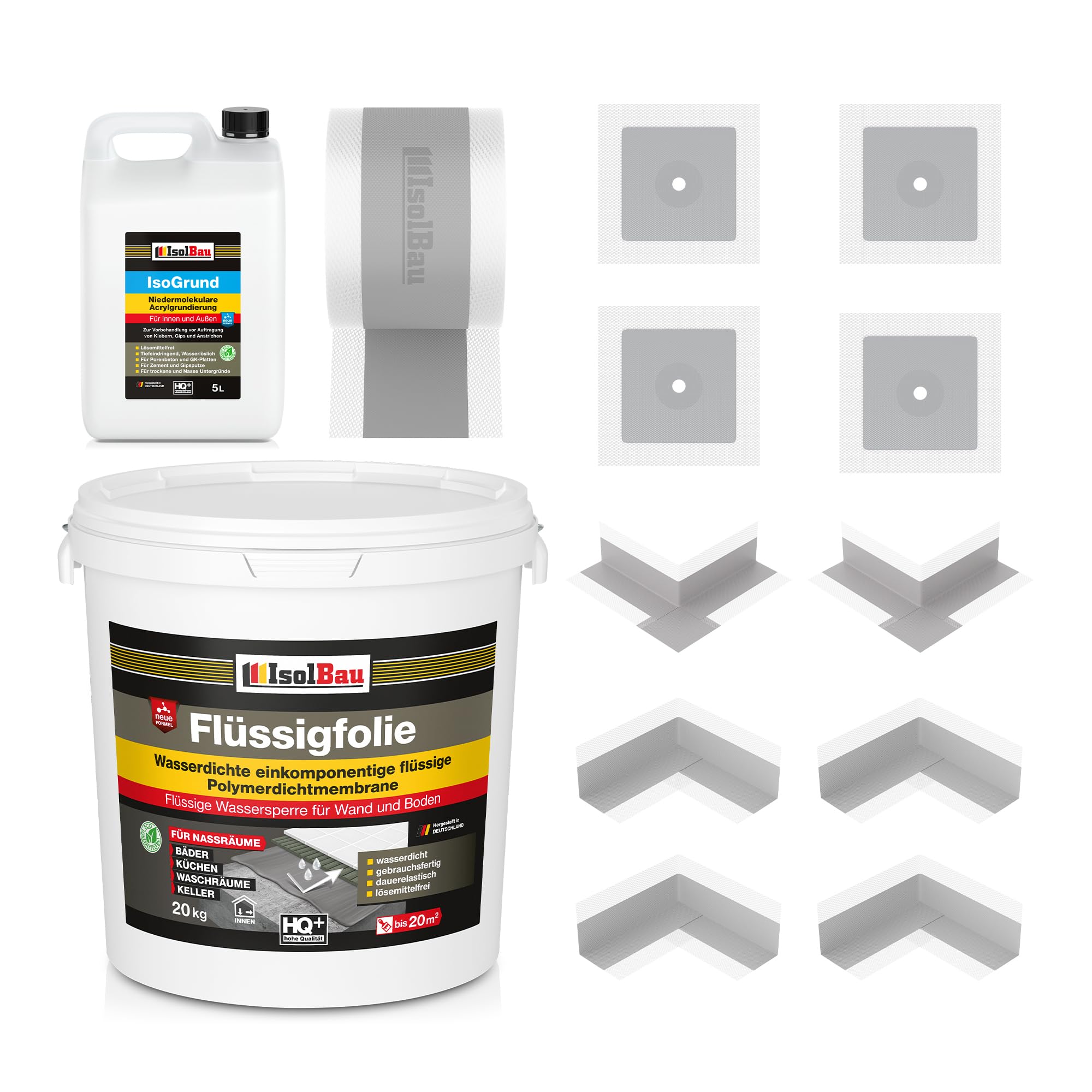 Isolbau Dicht-Set - Inkl. 1x Flüssigfolie (20 kg), 1x Grundierlösung (5 L), 1x Dichtband (20 m), 4x Innenecken, 2x Außenecken & 4x Manschetten