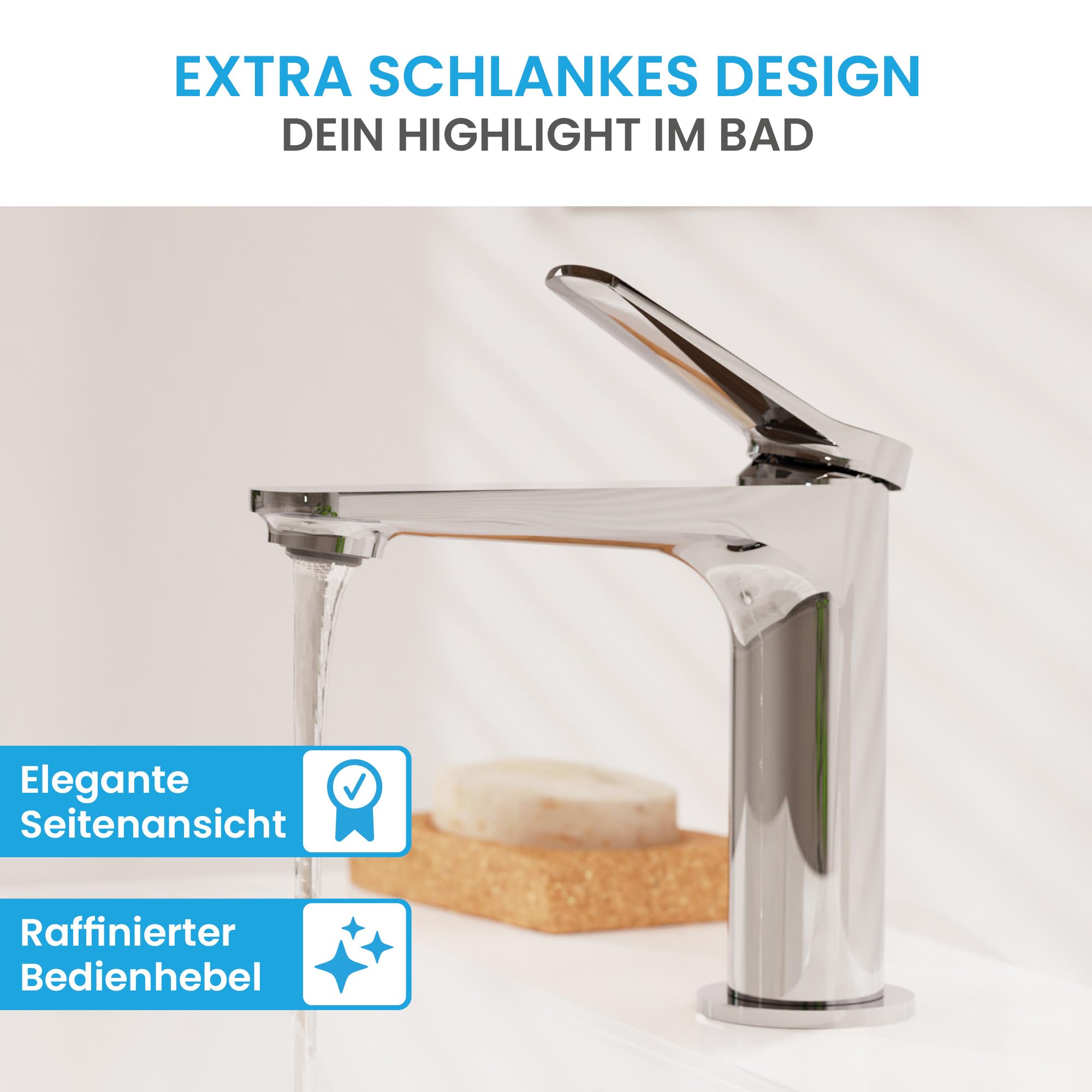 Bächlein Bundle - Badarmatur Aldeya + Ablaufgarnitur platzsparend + Design Siphon - Chrom