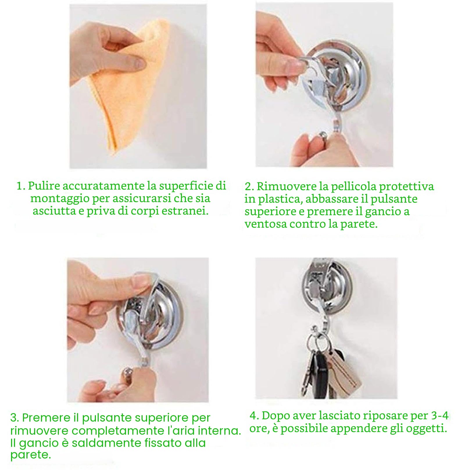Ganci a ventosa, autoadesivi, colore argento, per cucina, bagno, finestra, vetri, specchi, per appendere asciugamani, strofinacci, confezione da 2