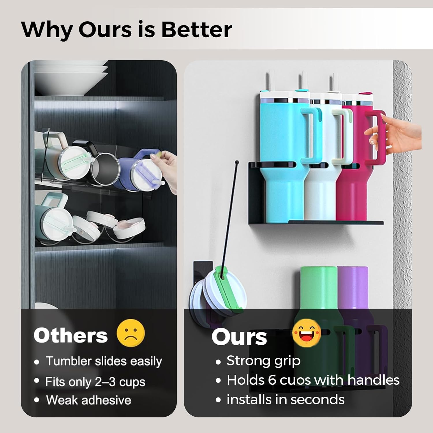 2 Pack Magnetic Cup Holder for Stanley, 30 & 40 oz Tumbler Organizer with Handle, Strong Fridge & Wall Mount Water Bottle Organizer for Refrigerator, Gifts Ideal (6 Cups)