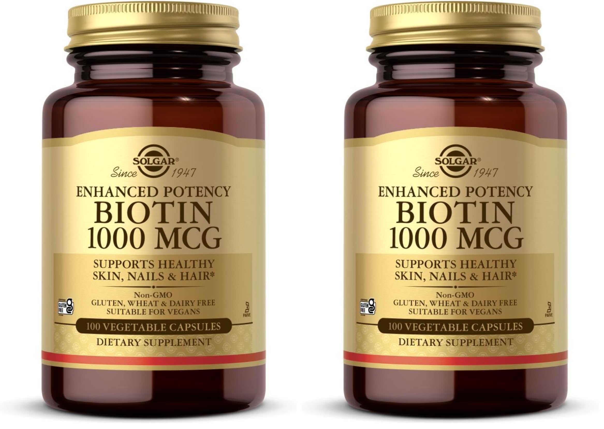Solgar Biotin 1000 mcg - 100 Vegetable Capsules - Supports Healthy Skin, Nails & Hair - Non-GMO, Vegan, Gluten Free, Dairy Free, Kosher - 100 Servings (Pack of 2) 100 Count (Pack of 2)