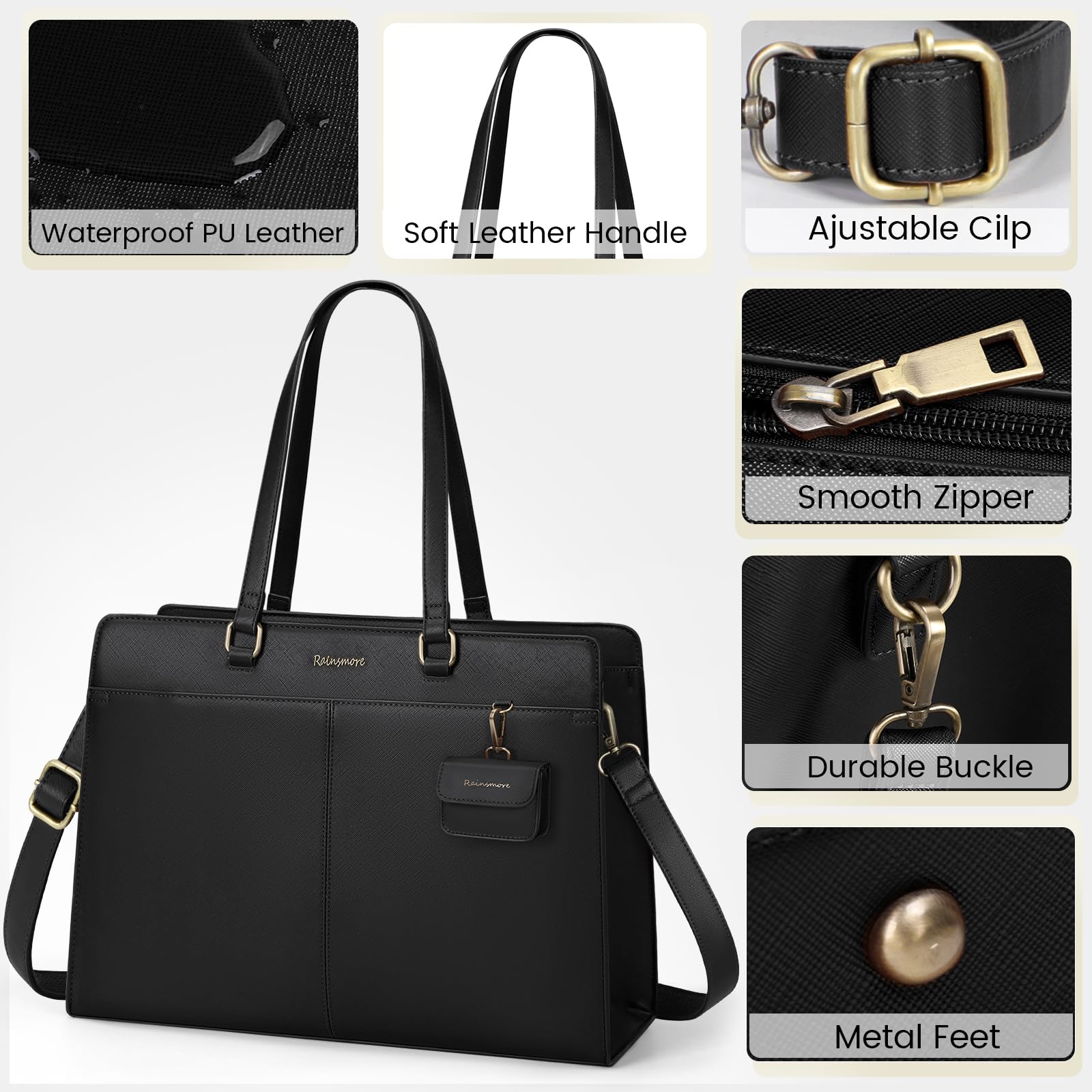 RAINSMORE Borsa Donna Grande Borsa Università Impermeabile 15,6 pollici Laptop Borsa da Lavoro Borsa a Tracolla in Pelle PU Viaggi Scuola Ufficio Shopping Nero