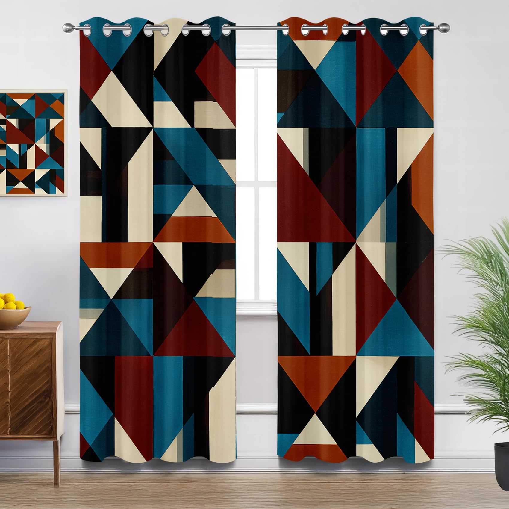 Mistela Retro Curtains for Bedroom, Rustic Geometric Abstract Art Blackout Thermal Insulated Eyelet Curtains for Living Room, W66 X D72, 2 Panels Drapes Room Decor