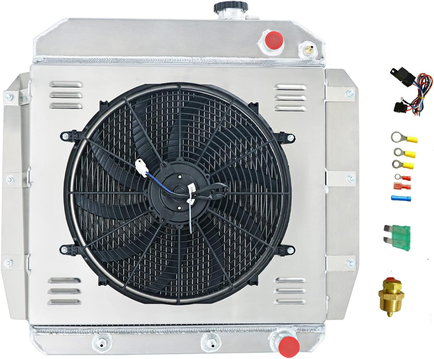 4 Row Radiator for 1955-1958 Chevy Truck 3100 3200 3400 3500 3600 3700 3800 Base/for 1959 3B 3C 3D 3E 3F 3G L6 V8 GAS,Aluminum Radiator+Shroud Fan+Relay