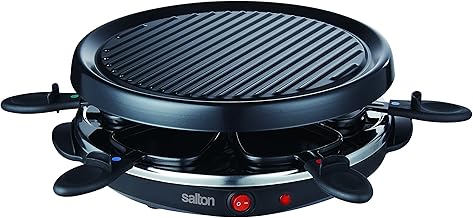 salton 6 Person Raclette Indoor Electric Cheese Round Party Grill with Raclette Pans and Spatulas, Recipes Included, 900 Watts, Black (TPG315)