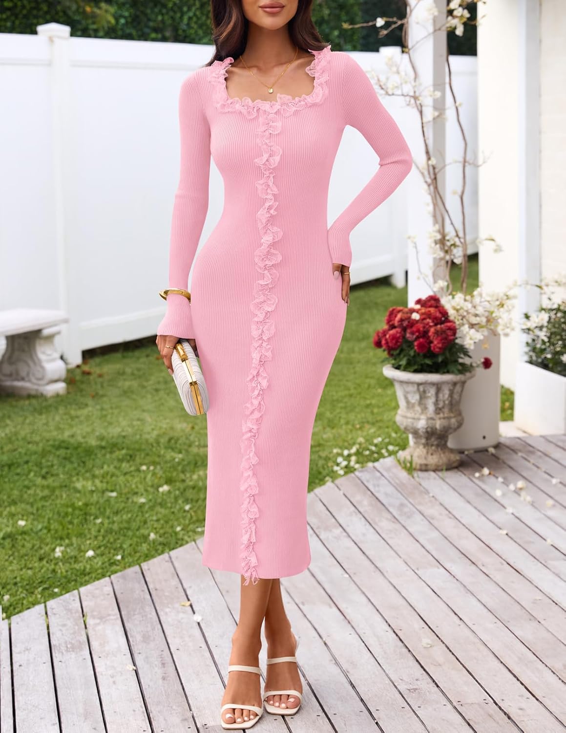 MEROKEETY Women's Fall Long Sleeve Sweater Dress 2025 Bodycon Square Neck Ruffle Ribbed Knit Midi Dresses - Image 2