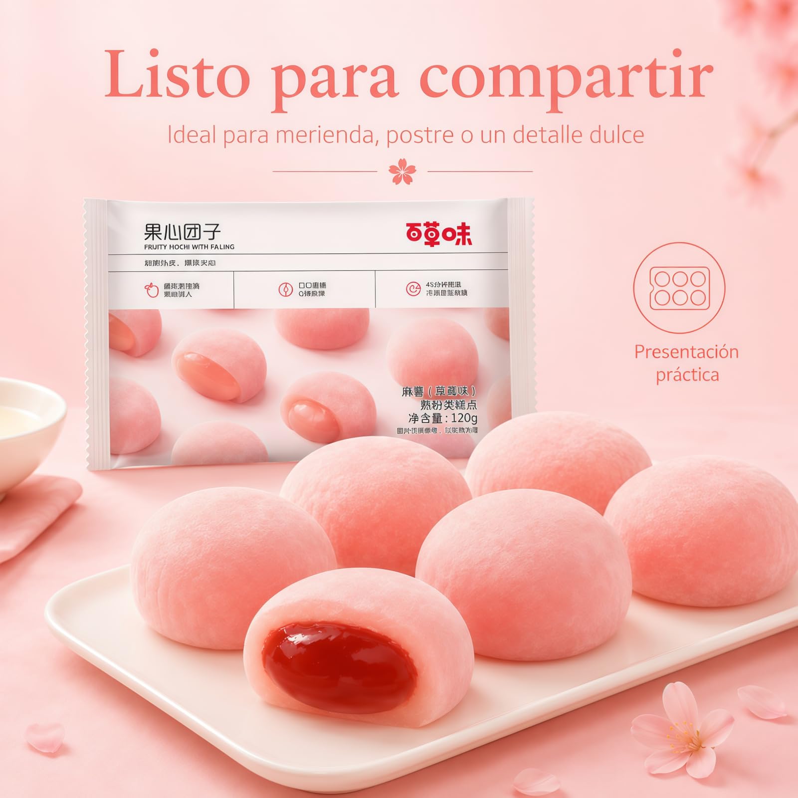 Mochi Asiático De Arroz Glutinoso Dulce Japonés Suave Y Masticable Postre Tradicional Oriental 120 G 6 Unidades Sabor Fresa