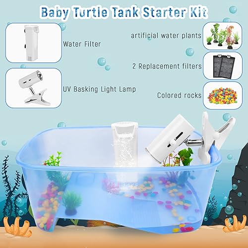 Miniatura 10 de Rypet Kit de iniciación de tanque de tortuga para bebé, hábitat de tortuga de reptiles con lámpara de luz UVA ajustable, plataforma para tomar el