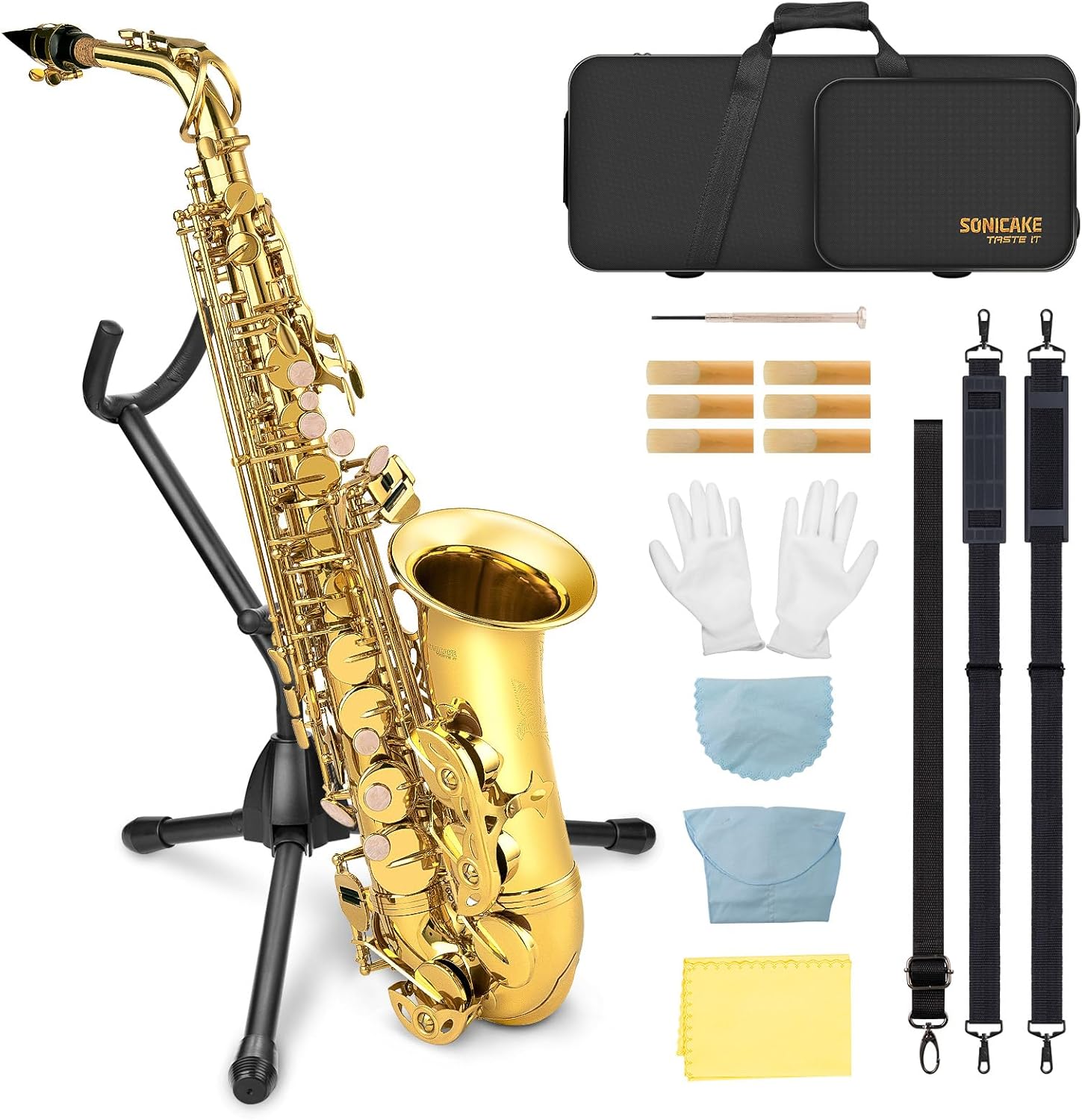 SONICAKE Alto Saxophone E Flat - Beginner Friendly Gold Saxophone Full Kit for Students with Carry Case, Mouthpiece, Reeds & Accessories QSX-01