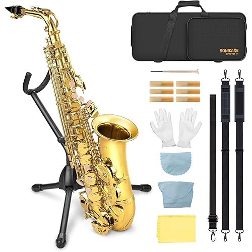 SONICAKE Alto Saxophone E Flat - Beginner Friendly Gold Saxophone Full Kit for Students with Carry Case, Mouthpiece, Reeds & Accessories QSX-01