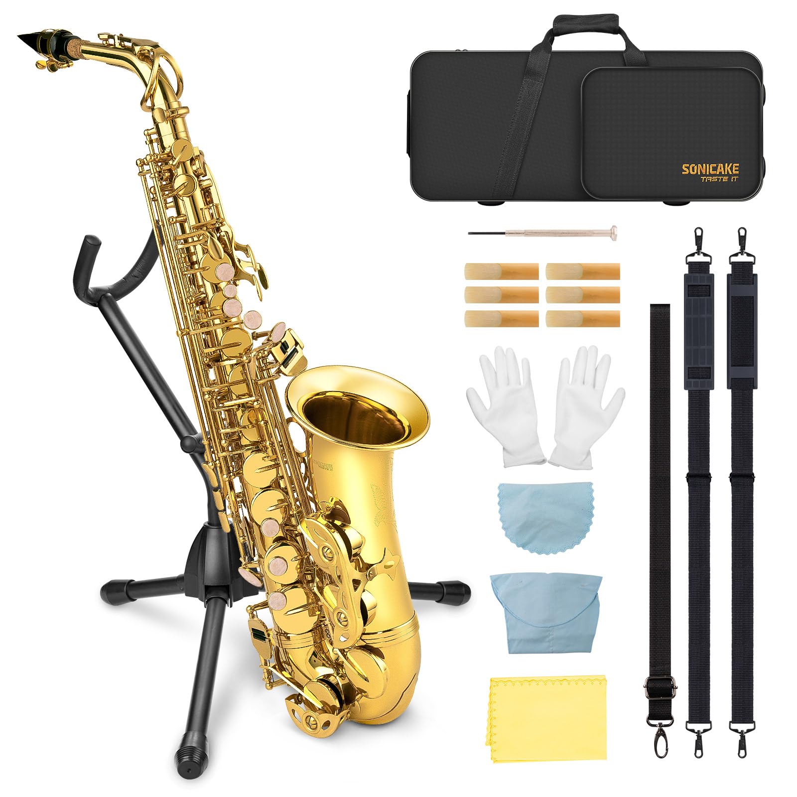 SONICAKE Saxophone Alto Mi bémol Vernis Or, Kit complet pour débutant avec étui, bec, anches, support & accessoires QSX-01