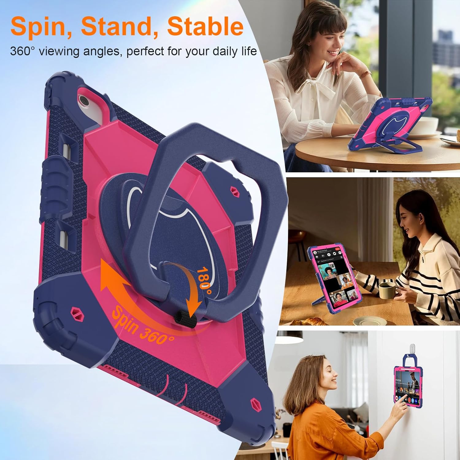 Case for iPad Air 13 Inch Case M4 2026/M3 2025/ M2 2024, Auorld for iPad Air 13 Inch Case M4 2026 Case with Screen Protector, 360 Degree Rotating Stand Shoulder Strap Pencil Holder, Navy Pink