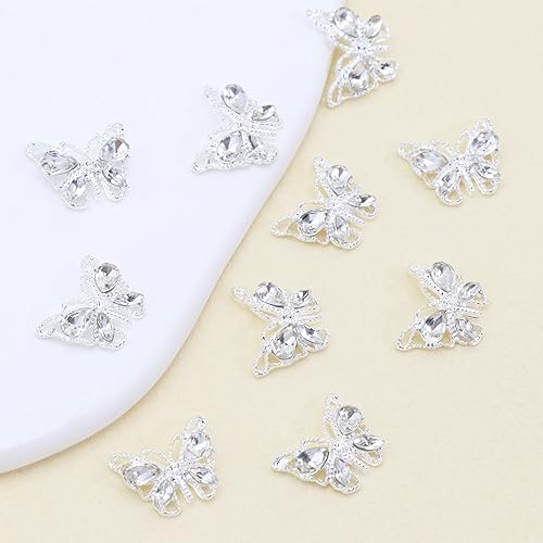 Miniatura 6 de Dijes para uñas de mariposa, brillantes de aleación 3D de metal plateado, gemas de mariposa, diamantes de imitación para uñas, 10 piezas de dijes de
