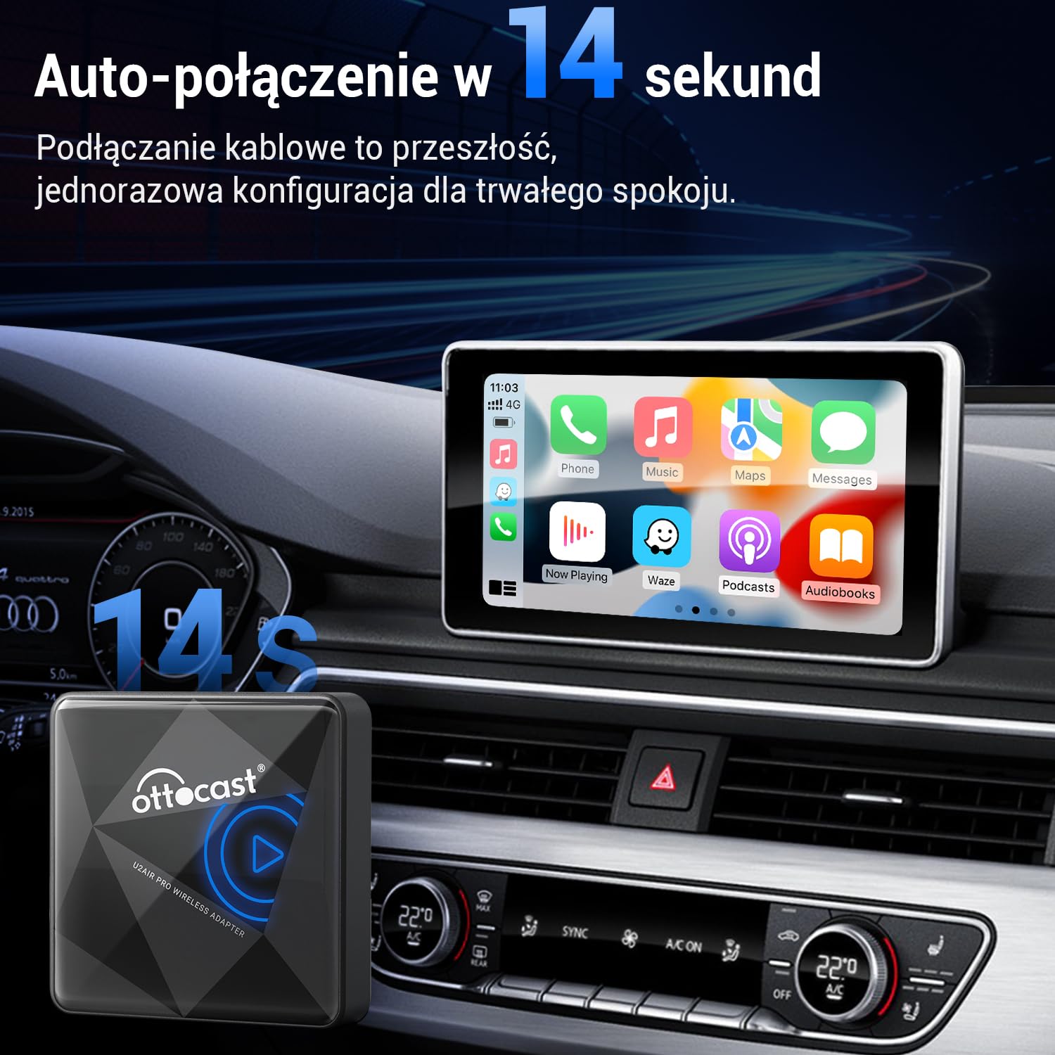 Ottocast Bezprzewodowy CarPlay Wireless adapter, U2AIR Pro Wireless Car Play Dongle Plug Play do fabrycznych przewodowych samochodów CarPlay(rok modelowy: 2016 do 2023)