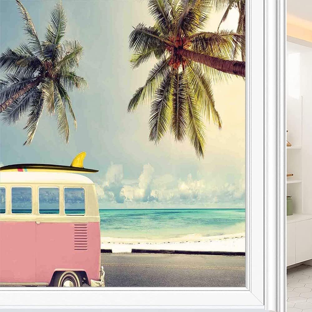 Surf Privacy Window Film, Minivan The Beach Retro Inspired Vacation Clouds in Summer Sky Honeymoon Destination, Glass Film for Home Office Living Room, W17.7 x L23.6 Inch Green Pink