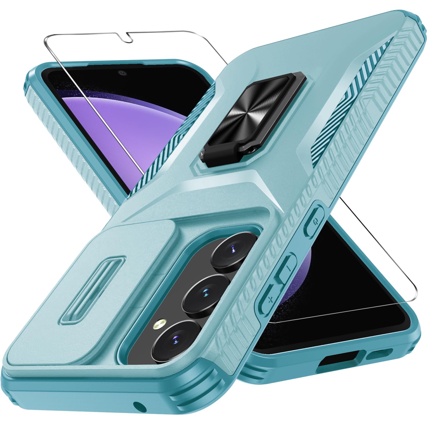 for Samsung Galaxy S24 FE Case with Tempered Glass Screen Protector and Camera Lens Cover,Ring Stable Kickstand,Heavy Duty Shockproof Protective Phone Cover-Mint Green