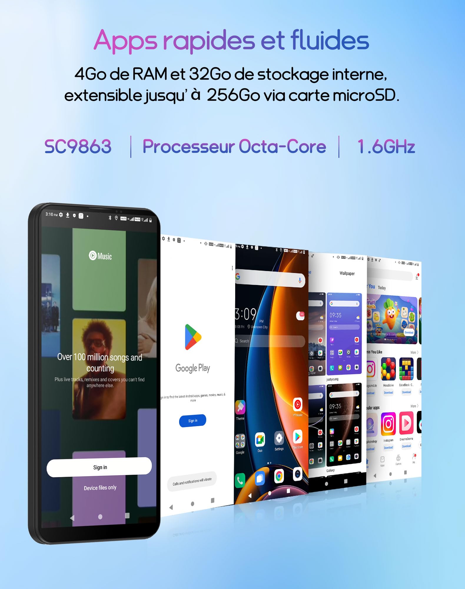 INVENS NOTE TK01 Téléphone Portable, 7(3+4)Go + 32Go(TF 256GB) Telephone Pas Cher, Écran 6.6"HD+, 16MP+5MP Smatphone, Batterie 4250mAh Android Telephone Portable, Double 4G SIM/OTG/Face ID/GPS, Bleu