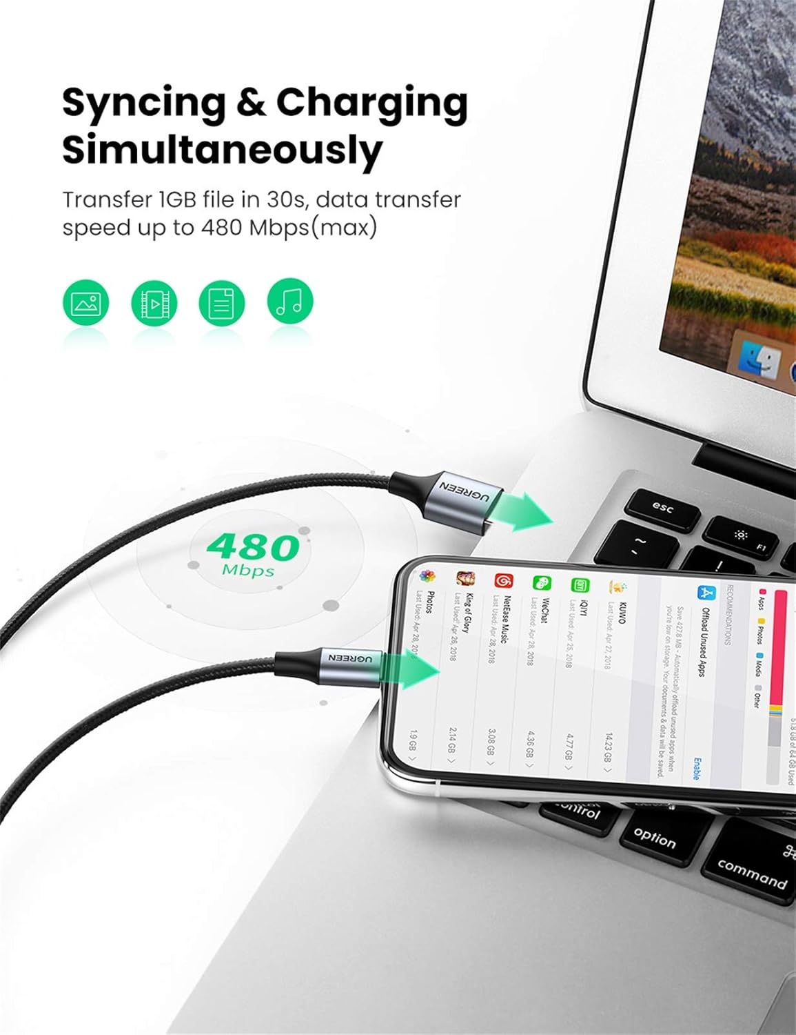 UGREEN Cable Lightning to USB 2.4A US199, 1m (Black)