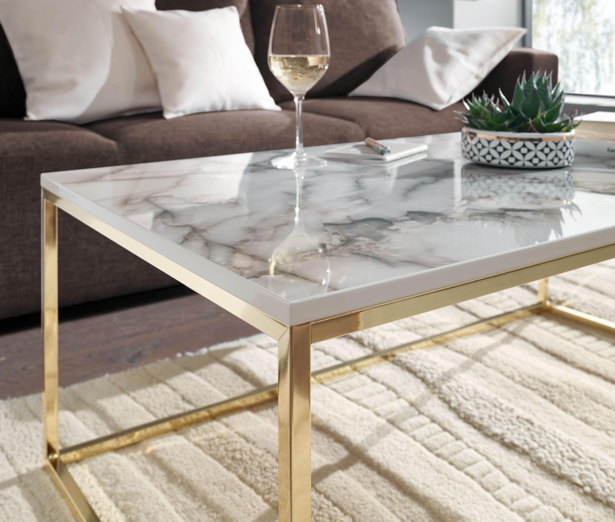 FineBuy Couchtisch 100x60x40 cm Weiß Marmor-Optik, Goldgestell | rechteckiger Wohnzimmertisch pflegeleicht, Sofatisch mit sicherem Stand, Loungetisch für Deko