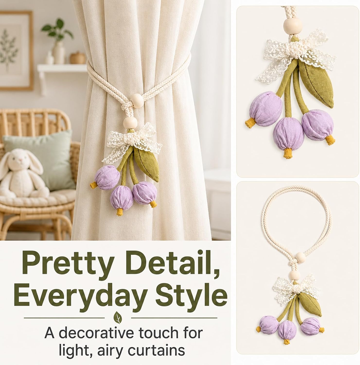 Flower Fabric Curtain Tiebacks 2 Pack Spring Decorative Curtains Ties Rustic Elegant Curtain Pull Backs for Home Office Drapes Decor Purple