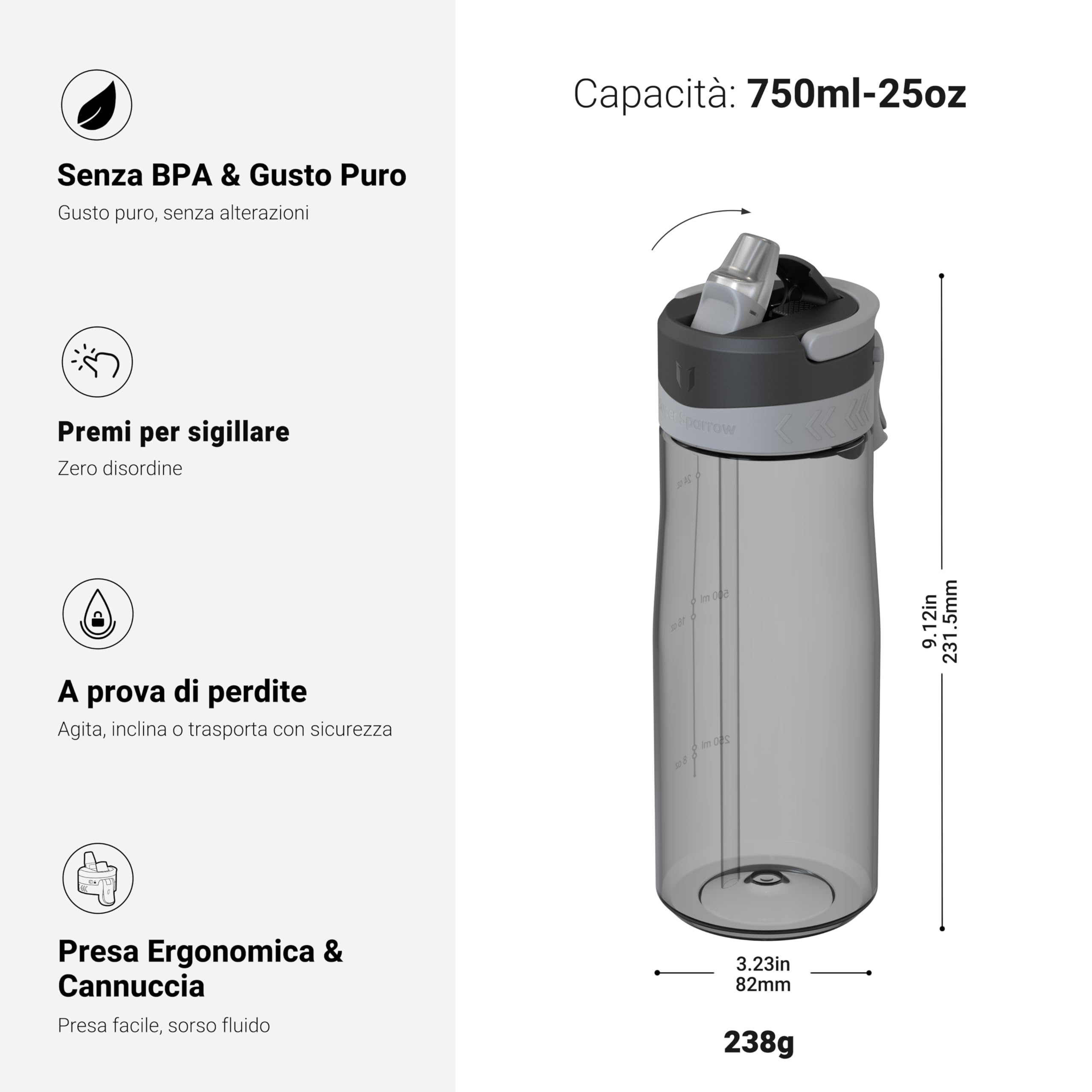 Sparrow Borraccia - 500ml, 750ml, 1L - TouchFlow Bottiglia Senza BPA - Senza Perdite Borraccia Cannuccia - Borracce Sportiva Flusso Rapido Con Un Clic per Scuola, All'aperto