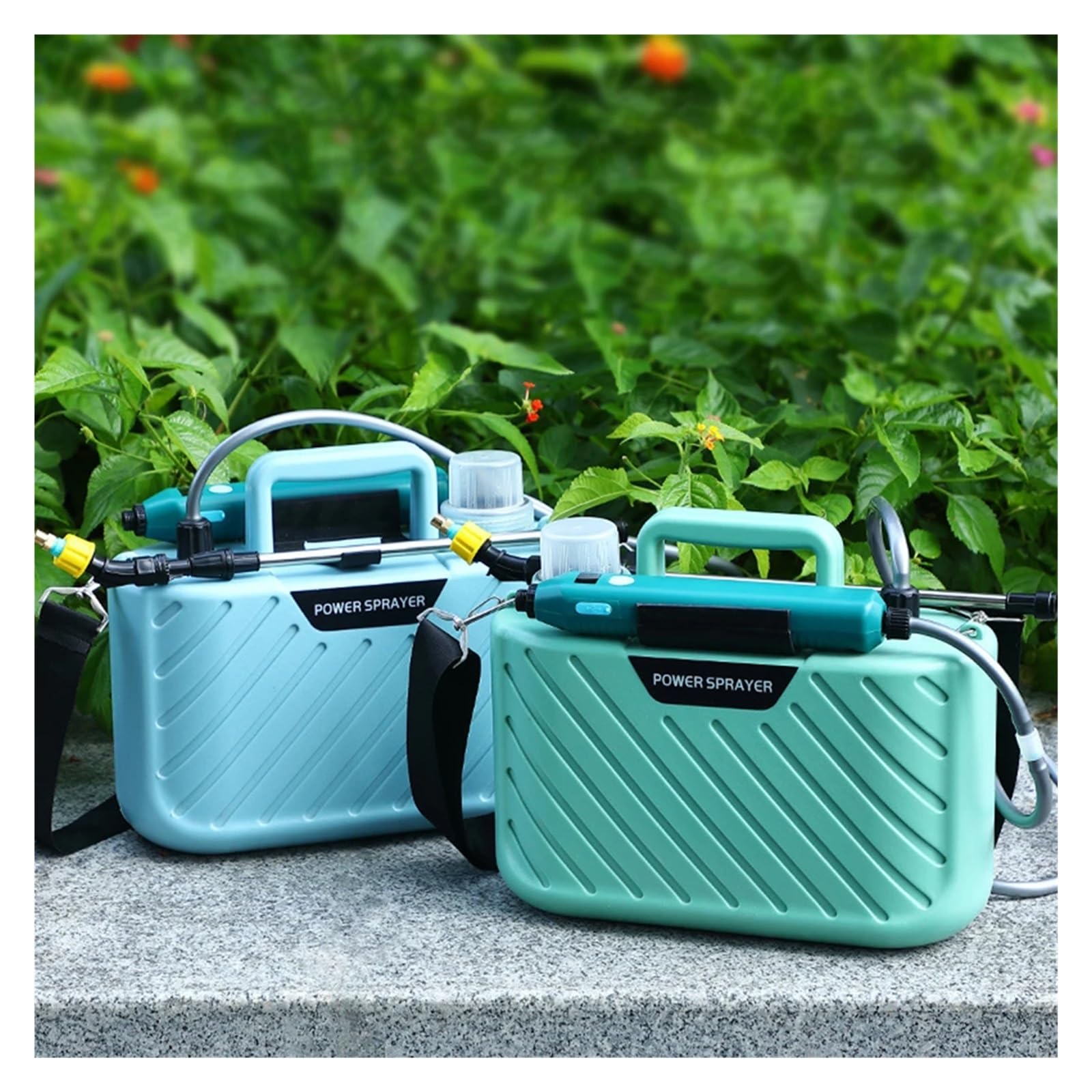 Spruzzatore elettrico, Spruzzatore da giardino elettrico 5 litri, spruzzatore prato ricaricabile tramite USB con bacchetta telescopica, tracolla regolabile, 2 ugelli nebulizzatori(5 Meters Water Pipe)