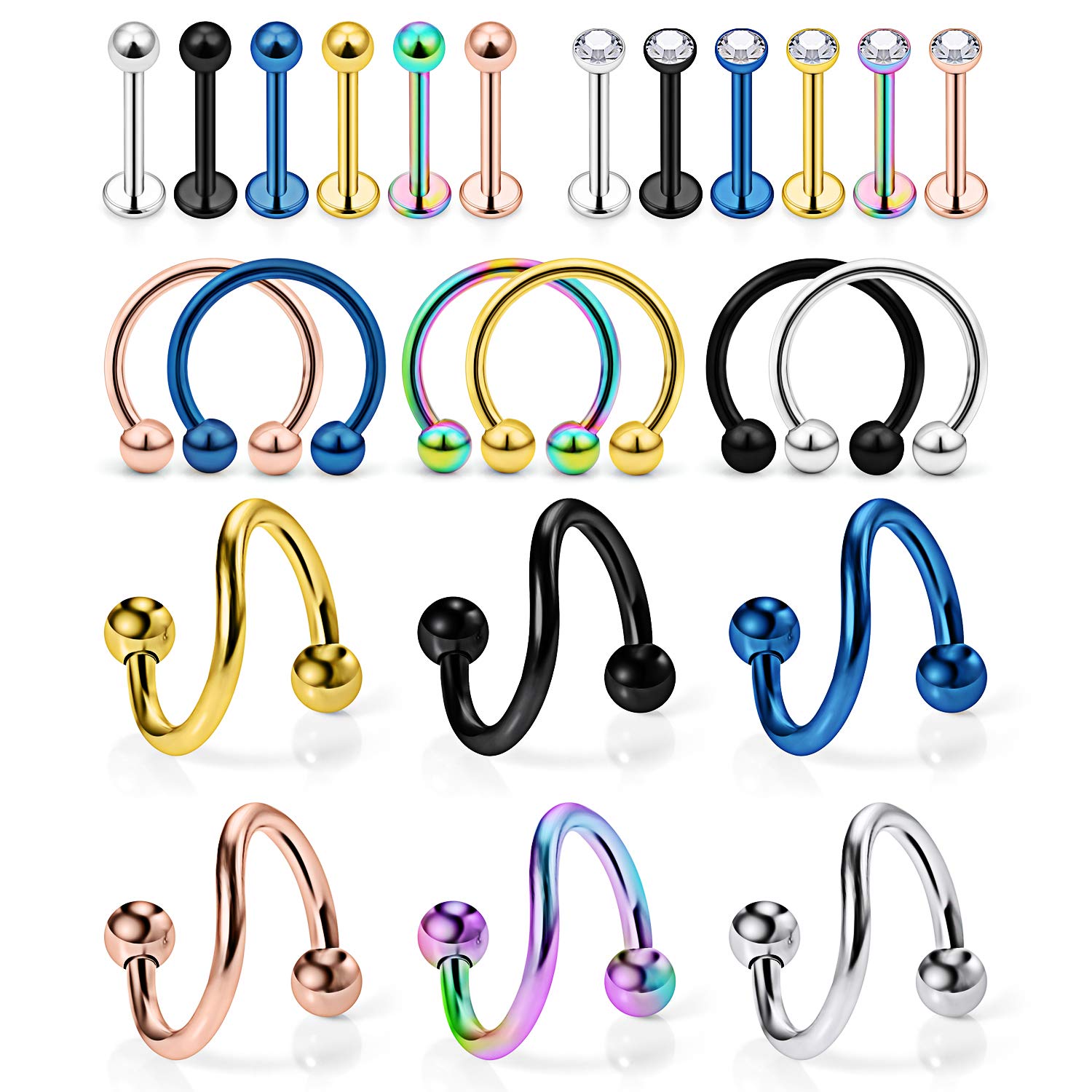 OcptiyOcptiy 16G Spiral Lip Rings Hoops 316L Surgical Steel Cartilage Helix Tragus Earring Lip Eyebrow Labret Septum Smiley Rings Hoop Piercing Jewelry 8mm 10mm