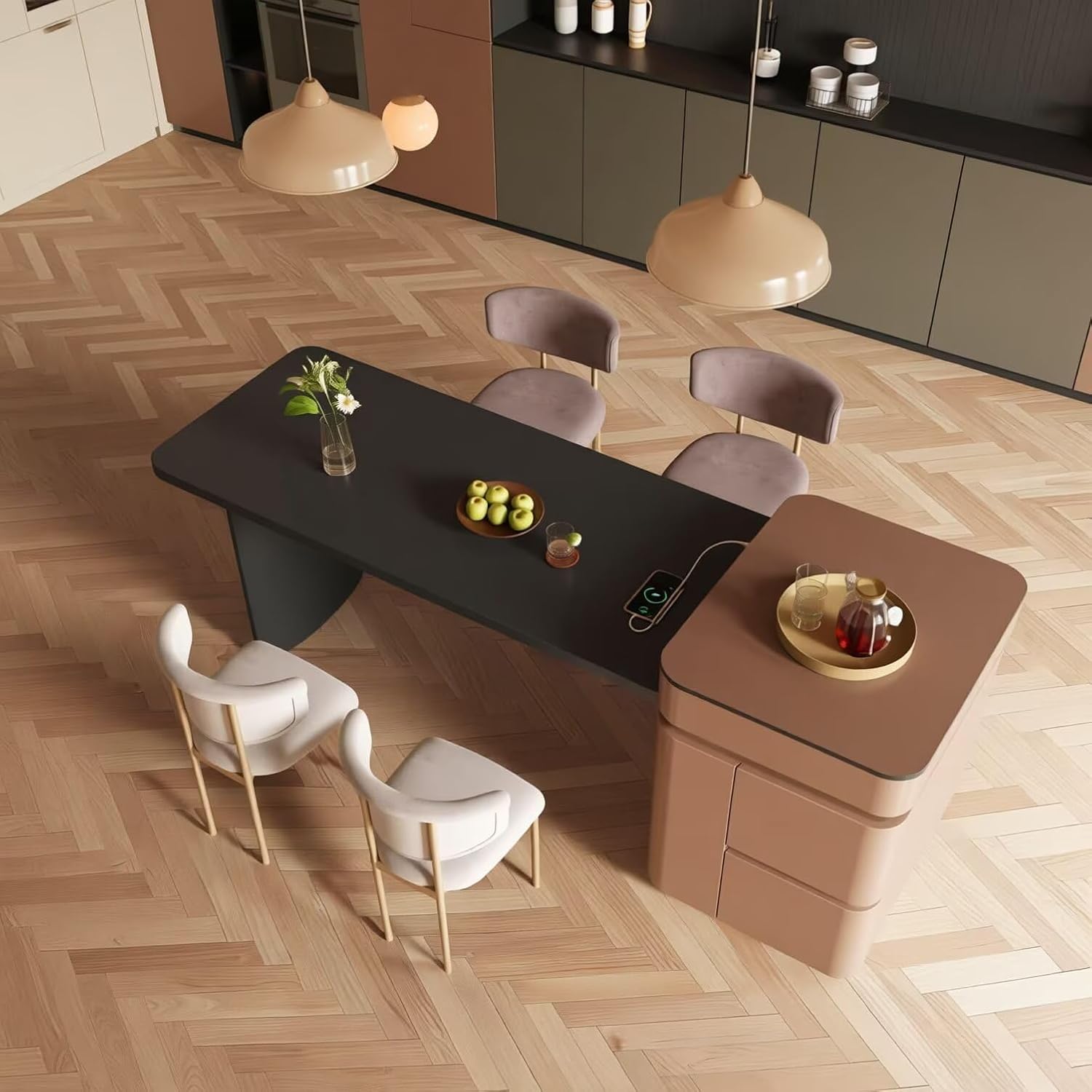 Dinner Table, Modern Kitchen Island with Rock Slab Top, Black Kitchen Island with 2 Drawers, 2 Power Sockets, 4 Person Capacity (59.05IN No Chairs)