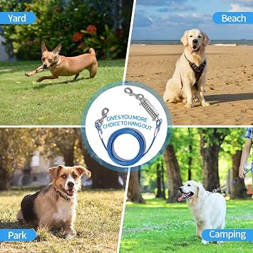 Bağlama Kablosu, 10/20/50/100FT Dayanıklı Yaylı Paslanma Korumalı Köpek Koşucu Kablosu, Eğitim İpi Yansıtıcı Eğitim Koşucusu, Bahçe Dış Mekan ve Kamp için Köpek Tasma Koşu Bandı (Mavi, 20 FT)