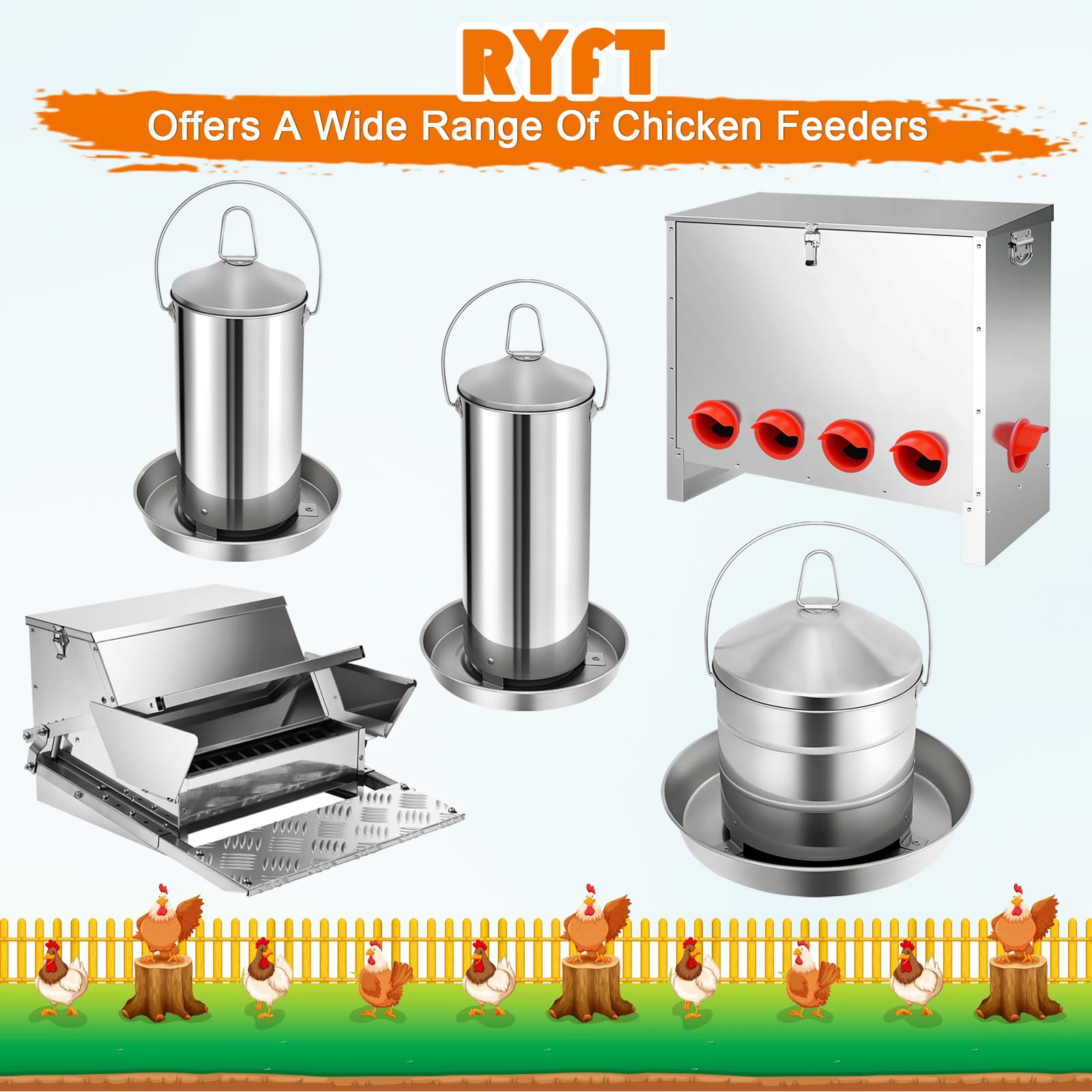 RYFT Comedero automático para pollos de 8 kg, comedero de acero inoxidable para aves de corral, grosor resistente, 0,9 mm, con asa, relleno superior, duradero y resistente a la corrosión