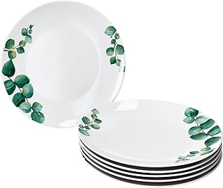 MamboCat Lot de 6 assiettes plates en eucalyptus I Ø 27 cm I Assiettes en porcelaine blanche pour 6 personnes avec décor de plantes vertes I Grandes assiettes pour le petit déjeuner, le midi, le café