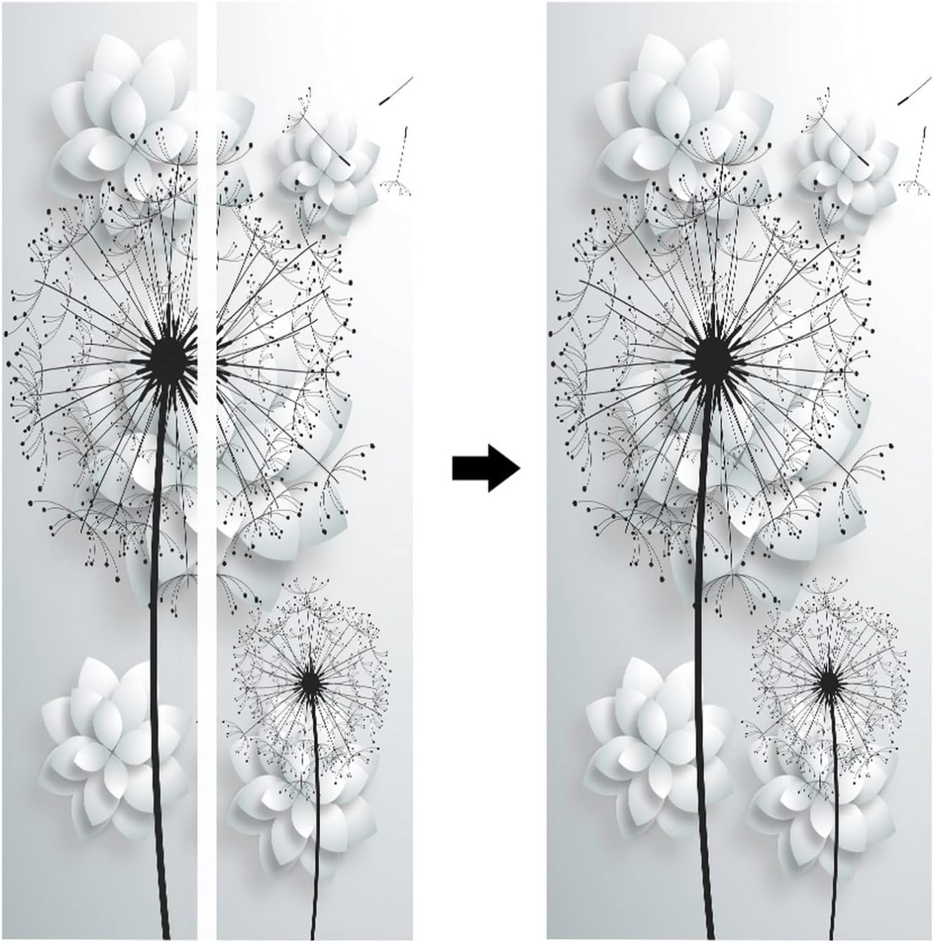 A.Monamour 3D Door Stickers for Interior Doors Black Dandelions and White Flowers Modern Abstract Background Vinyl Removable Self Adhesive Door Poster Wallpaper Mural Decals for Bedroom 95x215cm