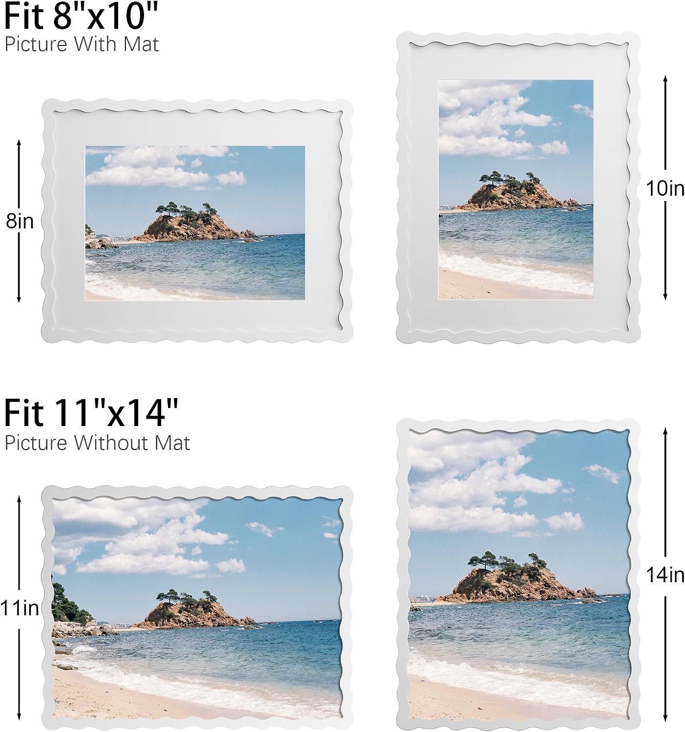 11x14 Picture Frame with Mat for 8x10, Wavy Edge Wooden Real Glass Photo Frame for Wall Hanging, White, 1 Pack