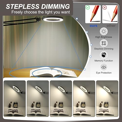 Miniatura 4 de VEEMAGNI Lupa grande de 5 pulgadas con luz y soporte, 5 modos de color regulables continuos, brazo giratorio largo, lámpara de escritorio con