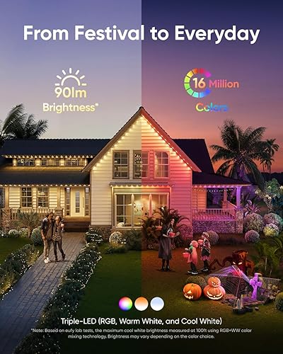 Miniatura 2 de eufy Luces Permanentes para Exteriores E22, 100 pies con 60 Luces LED Triples, RGBWW Inteligente para Navidad, Uso Diario y Días Festivos, Hasta