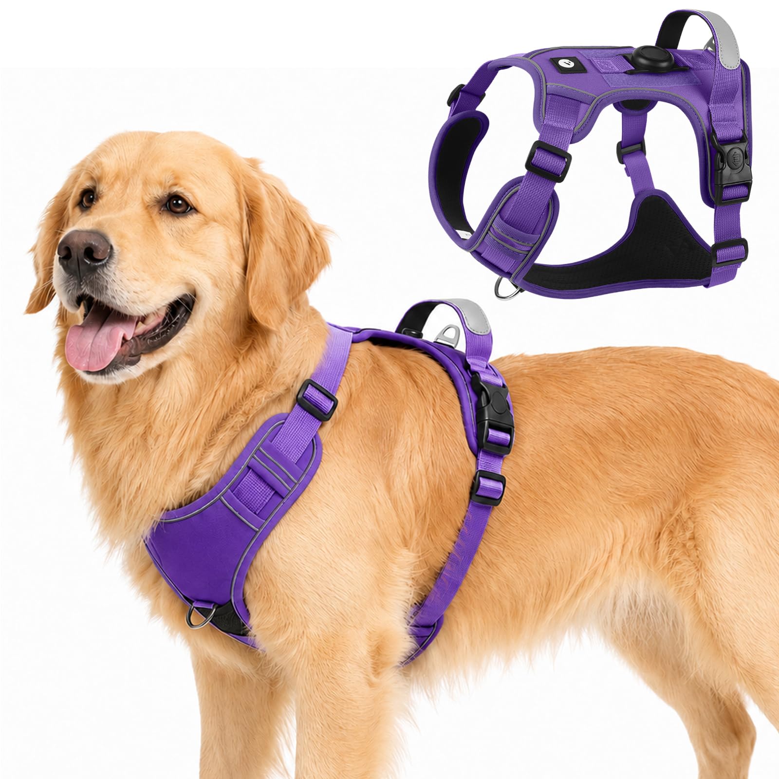 Olcyren Dog Harness with AirTag Holder for Small Medium Large Dogs, No Pull Adjustable Reflective Dog Harness with Front Clip, Anti Pull Soft No-Choke Breathable Harness with Handle (Purple, XL)