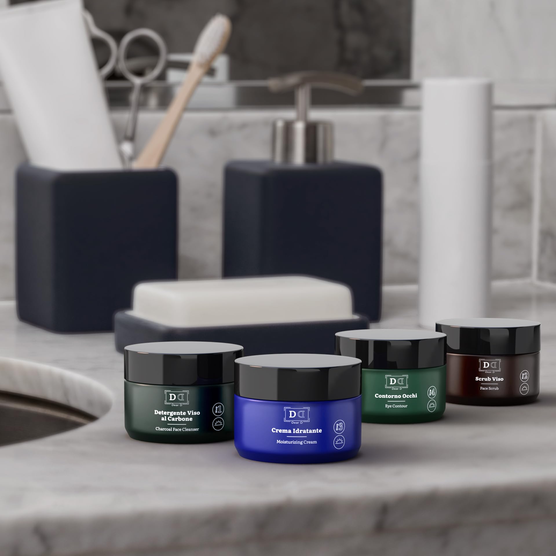 Dear D. Box Kit Hautpflege für das Superior-Gesicht | 4-Schritte-Routine mit Gesichtswäsche, Gesichtspeeling, Feuchtigkeitscreme, Augenkonturcreme | Set Hautcremes für Männer Made In Italy