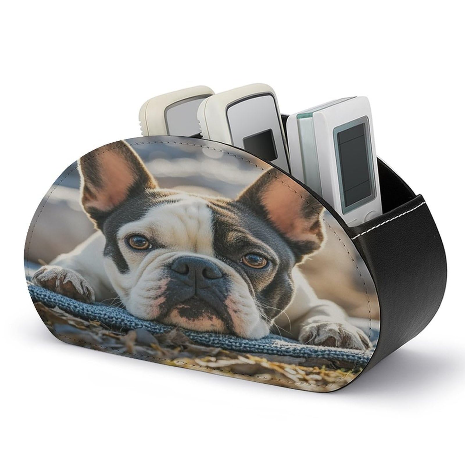FekiLoot French Bulldog Dog Cute TV Remote Control Holder with 5 Compartments Multi-functional Leather Bedside Table Remote Caddy Desktop Storage Box for Store Pen Controller Media Player Cosmetic