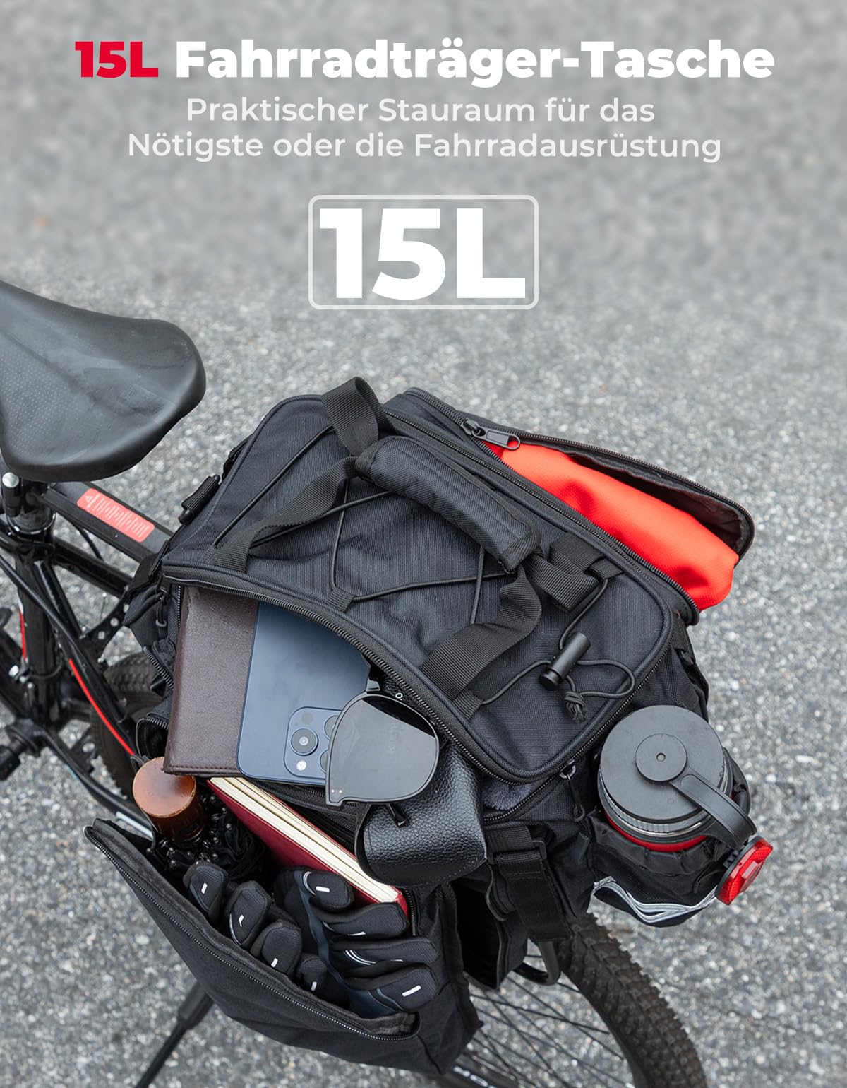 KEMIMOTO 2 IN 1 Gepäckträgertasche, 15L Volumen, Wasserabweisende Fahrradtasche für Gepäckträger mit Regenschutz, Mehrere Fächer und erweiterbar, mit Schultergurt, Fahrrad Taschen hinten