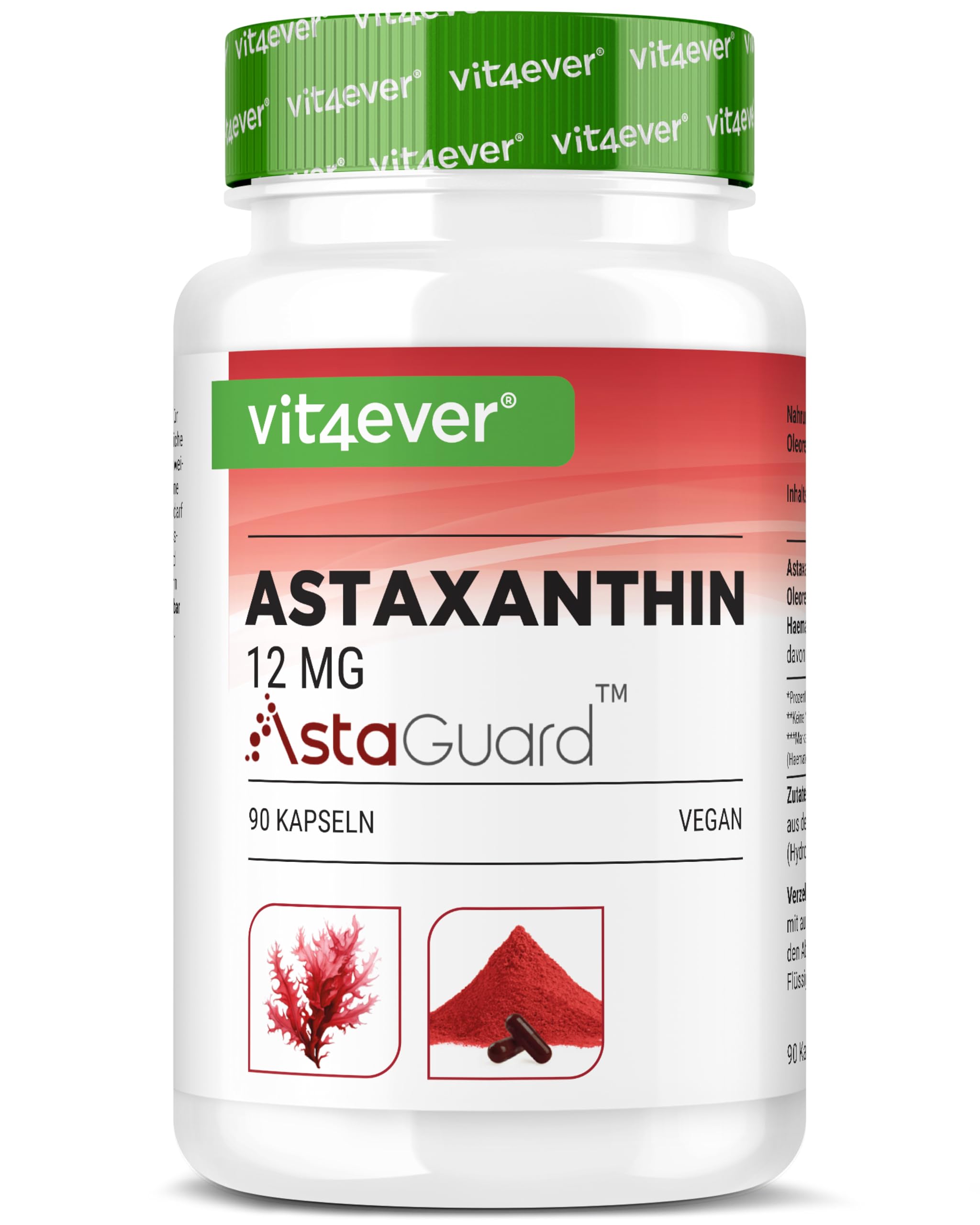 vit4ever Astaxanthin 12 mg AstaGuard® - 90 vegane Kapseln - Hochdosiert & laborgeprüft - 6 Monate Vorrat -Premium Oleoresin aus Haematococcus pluvialis