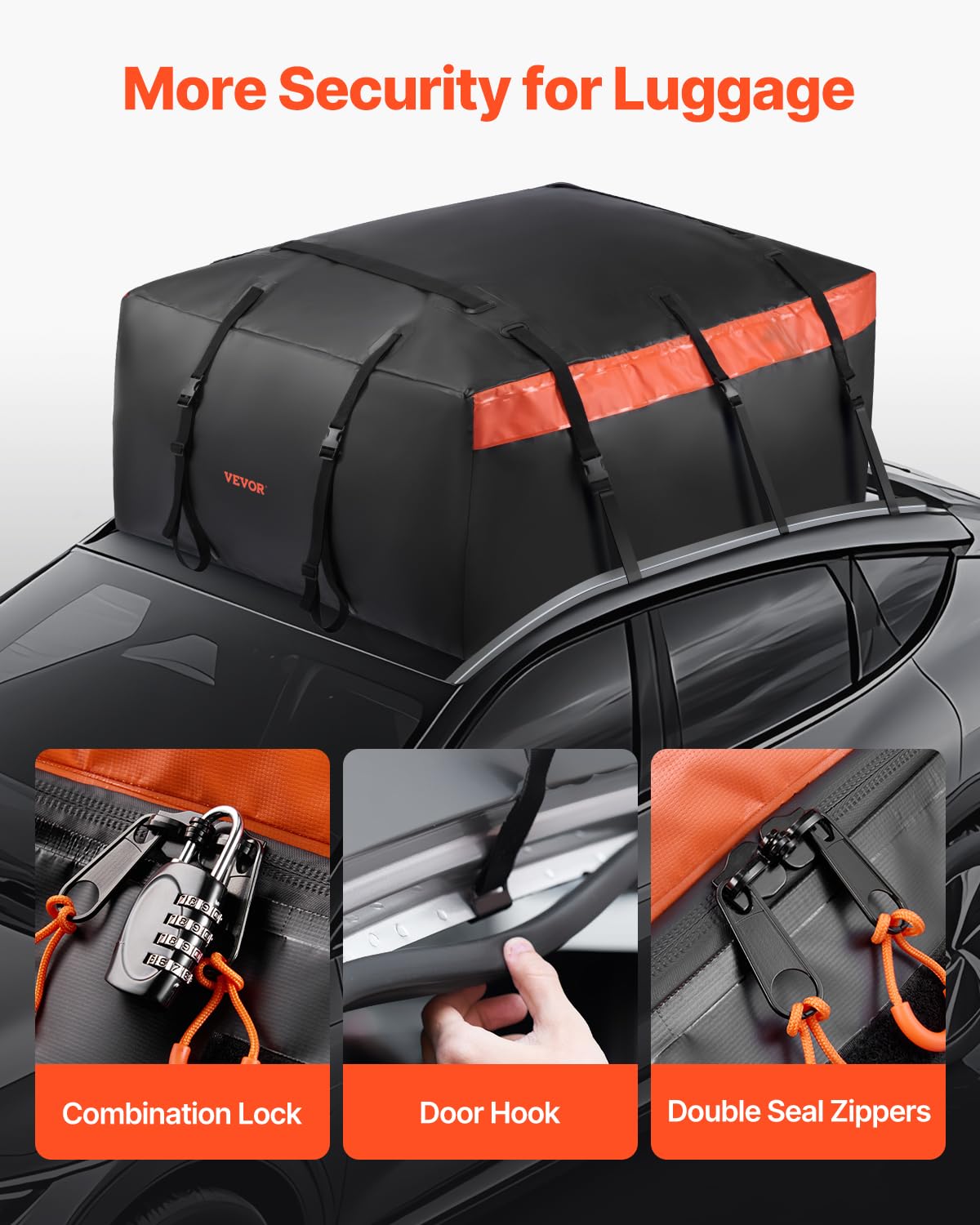 VEVOR Borsa Portapacchi per Auto da Tetto da 0,65 m³ Borsa Portatutto per Auto, per Tutti Veicoli con/senza Portapacchi, con Serratura, Tappetino Antiscivolo, Ganci per 6 Porte, Nero e Arancione
