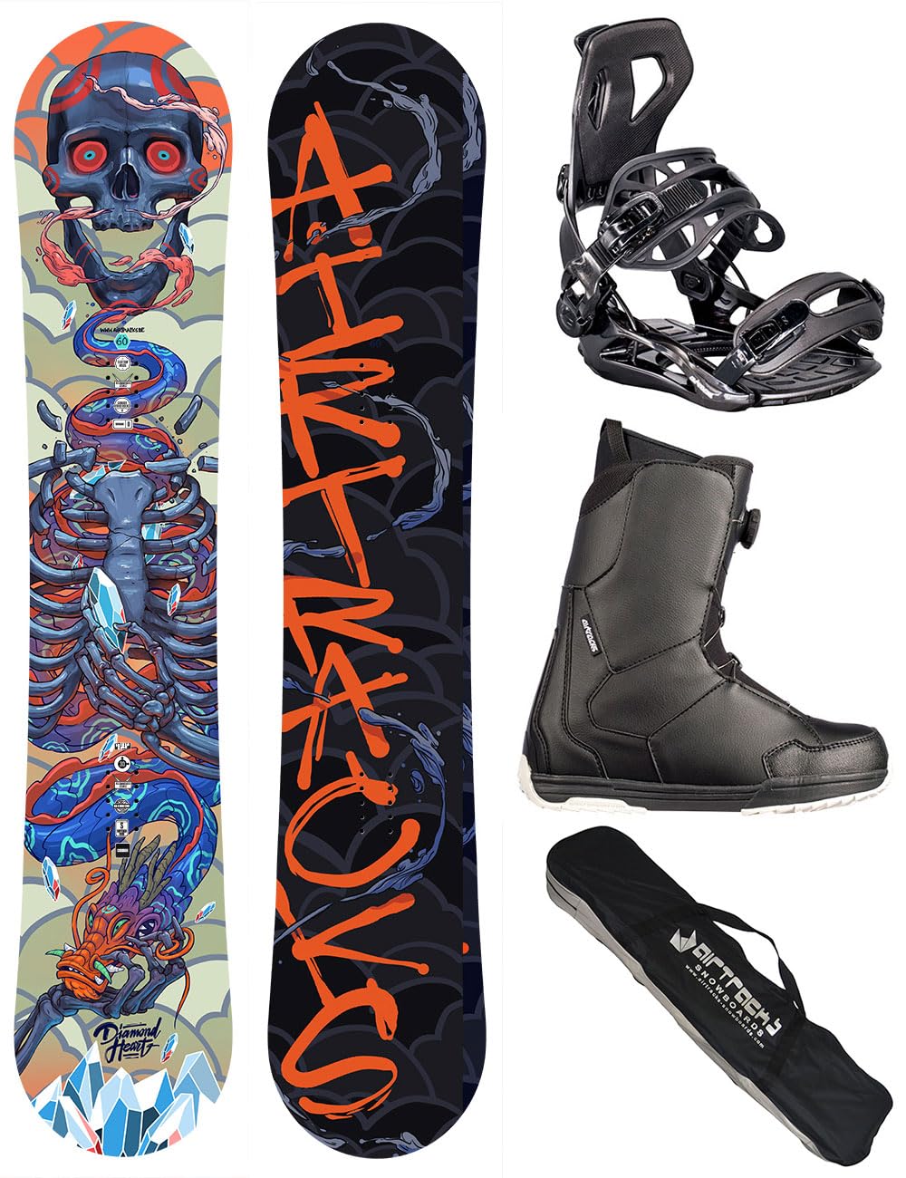 AIRTRACKS Snowboard Set (Paquete Completo) Tabla Diamond Heart Carbon Wide Hybrid Rocker (Hombre)+Fijaciones Master+Botas+SB Bolsa Nuevo 150 155 160 cm