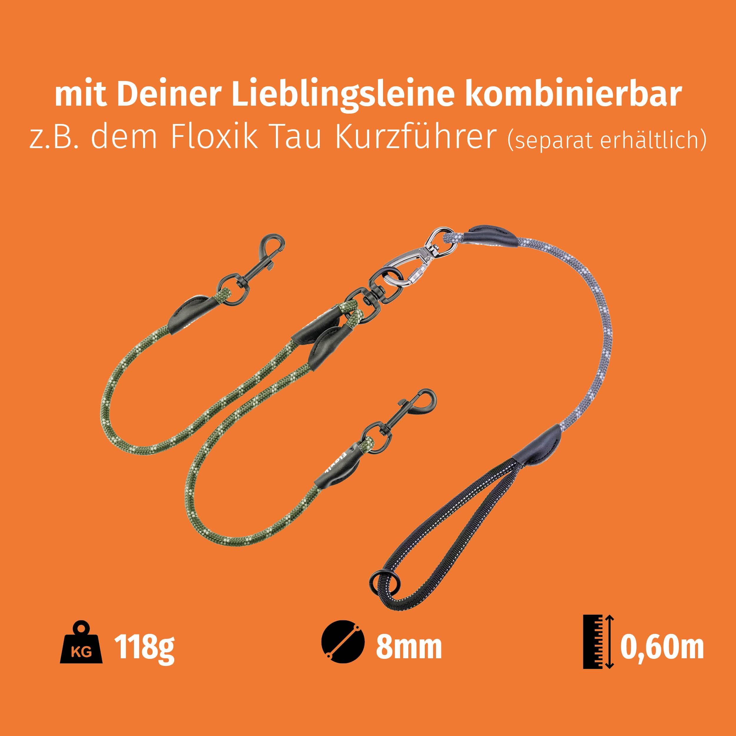 Floxik Tau dubbele hondenriem voor 2 honden, grijs/oranje, reflecterend, rekbaar en klitvrij, dubbele hondenriem om te koppelen, perfect voor kleine tot middelgrote honden
