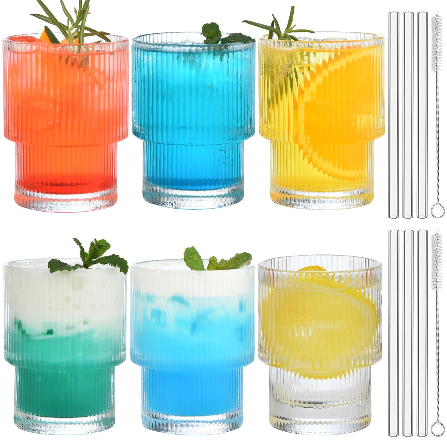 ALINK 200 ml Mini Ribbed Drinking Glasses with Glass Straws, Set of 6, Vintage Iced Coffee Cups Glassware, Water Glasses, Long Drink Glasses, for Coocktail, Whiskey, Beer, Water