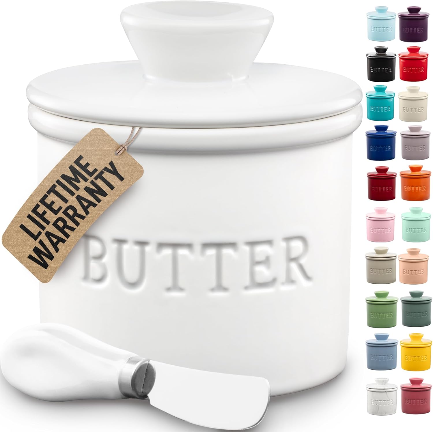 Zulay Kitchen Bell Shaped French Butter Crock with Lid, Knife & Water Seal - Ceramic Countertop Keeper for Fresh Spreadable Butter (White)