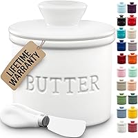 Zulay Kitchen Bell Shaped French Butter Crock with Lid, Knife & Water Seal - Ceramic Countertop Keeper for Fresh Spreadable Butter (White)
