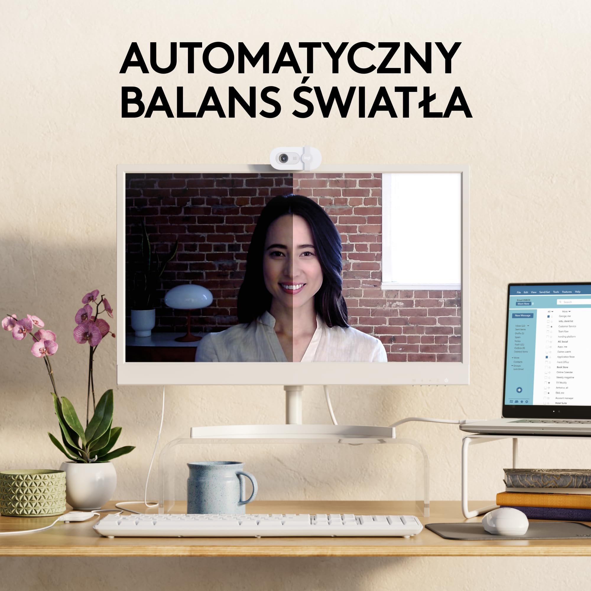 Logitech Brio 100 Full HD Kamera do spotkań i streamowania, automatyczny balans światła, wbudowany mikrofon, osłona migawki, USB-A, do Microsoft Teams, Google Meet, Zoom i innych - Biały
